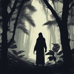 A chilling figure of mystery stands ominously in the depths of a wild jungle, its daunting silhouette blending in with the shadowy foliage