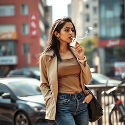 A beautiful 21-year-old Indian slim girl with fair skin, depicted in a realistic full-length image from the side at a long distance