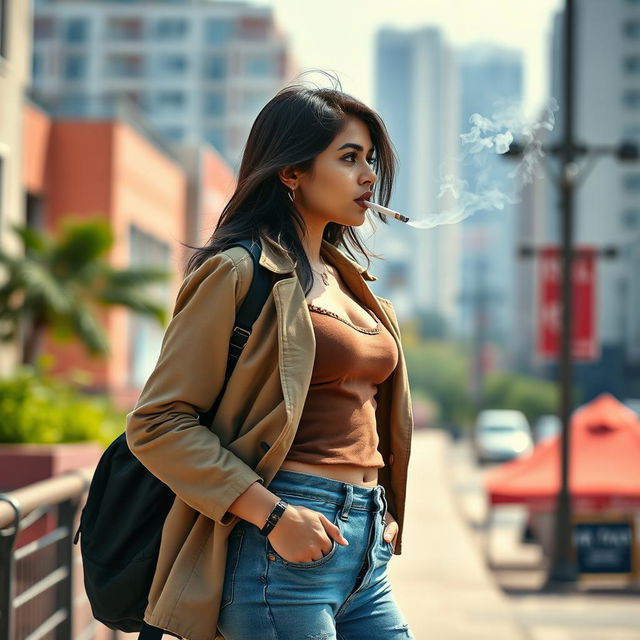 A beautiful 21-year-old Indian slim girl with fair skin, depicted in a realistic full-length image from the side at a long distance