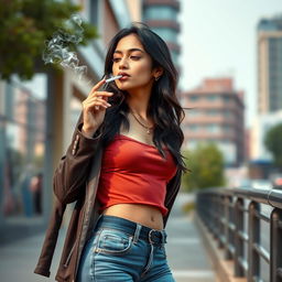 A beautiful 21-year-old Indian slim girl with fair skin, depicted in a realistic full-length image from the side at a long distance