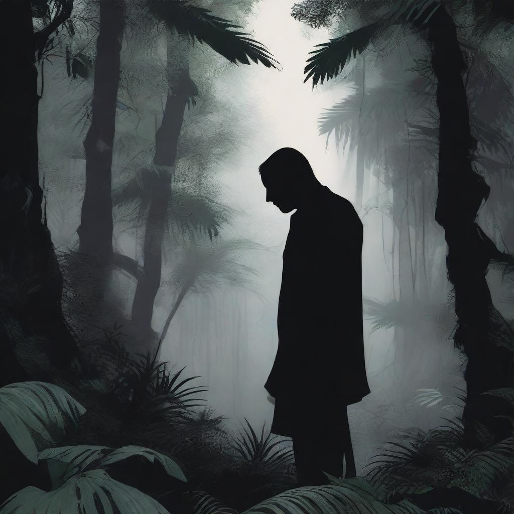 In hyper-realistic detail, a chilling, mysterious figure stands ominously in the wild jungle, its daunting silhouette and eeriness heightened by the surrounding shadowy foliage