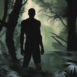 In hyper-realistic detail, a chilling, mysterious figure stands ominously in the wild jungle, its daunting silhouette and eeriness heightened by the surrounding shadowy foliage