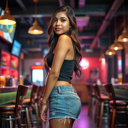 A beautiful 21-year-old Indian slim girl with fair skin, depicted in a realistic full-length image from the side in a lively bar pub setting
