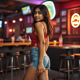 A beautiful 21-year-old Indian slim girl with fair skin, depicted in a realistic full-length image from the side in a lively bar pub setting