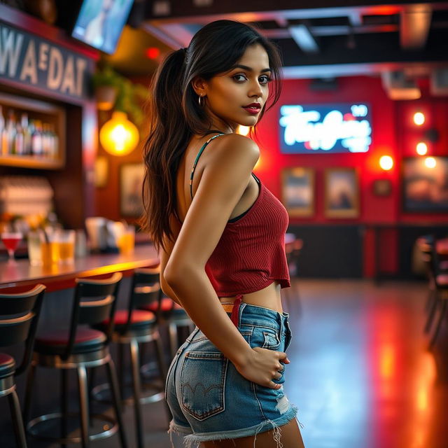 A beautiful 21-year-old Indian slim girl with fair skin, depicted in a realistic full-length image from the side in a lively bar pub setting