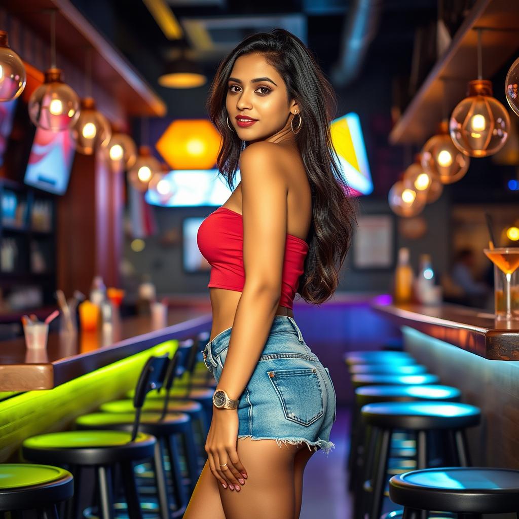 A beautiful 21-year-old Indian slim girl with fair skin, depicted in a realistic full-length image from the side in a lively bar pub setting