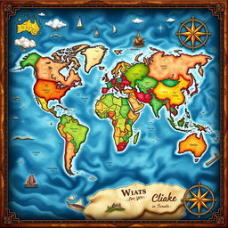 A beautifully detailed world map showcasing all continents, oceans, and major cities in an artistic style