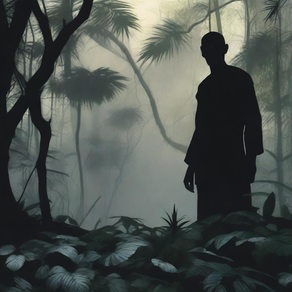 In hyper-realistic detail, a chilling, mysterious figure stands ominously in the wild jungle, its daunting silhouette and eeriness heightened by the surrounding shadowy foliage