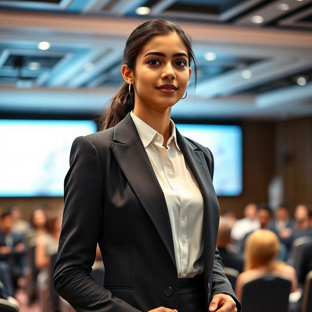 A beautiful 21-year-old Indian slim girl with fair skin, depicted in a realistic scene where she is giving a speech at a seminar