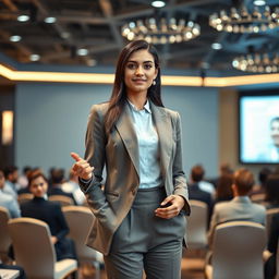 A beautiful 21-year-old Indian slim girl with fair skin, depicted in a realistic scene where she is giving a speech at a seminar