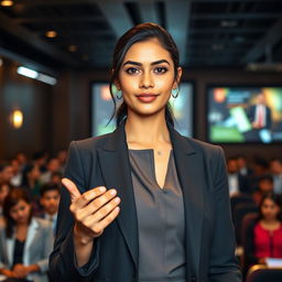 A beautiful 21-year-old Indian slim girl with fair skin, depicted in a realistic scene where she is giving a speech at a seminar