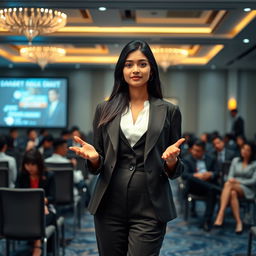 A beautiful 21-year-old Indian slim girl with fair skin, depicted in a realistic scene where she is giving a speech at a seminar