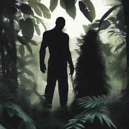 In hyper-realistic detail, a chilling, mysterious figure stands ominously in the wild jungle, its daunting silhouette and eeriness heightened by the surrounding shadowy foliage