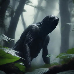 In 4K hyper-realistic detail, an intimidating spectre looms within the untamed jungle, its daunting presence and eerie semblance offset by the shadowy terrain and dense vegetation