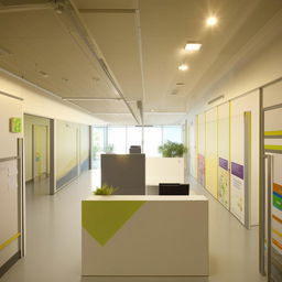 Design a receptionist building connected with a system for public services information, including hallways leading to classroom areas