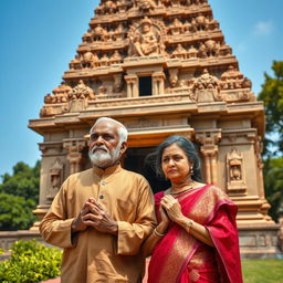 An ancient-looking aged husband and wife standing together in front of a majestic Indian temple, their expressions serene and contemplative as they pray