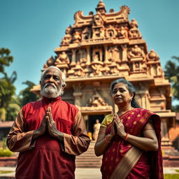 An ancient-looking aged husband and wife standing together in front of a majestic Indian temple, their expressions serene and contemplative as they pray