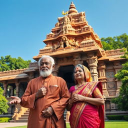 An ancient-looking aged husband and wife standing together in front of a majestic Indian temple, their expressions serene and contemplative as they pray
