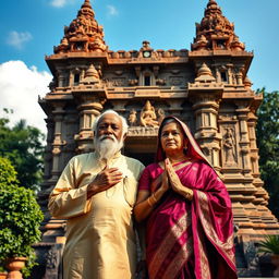 An ancient-looking aged husband and wife standing together in front of a majestic Indian temple, their expressions serene and contemplative as they pray