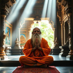An ancient rishi praying in a beautifully ornate temple, adorned with intricate carvings and sculptures depicting Hindu mythology