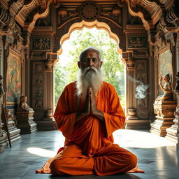 An ancient rishi praying in a beautifully ornate temple, adorned with intricate carvings and sculptures depicting Hindu mythology