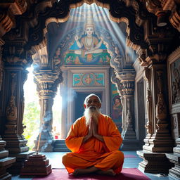 An ancient rishi praying in a beautifully ornate temple, adorned with intricate carvings and sculptures depicting Hindu mythology