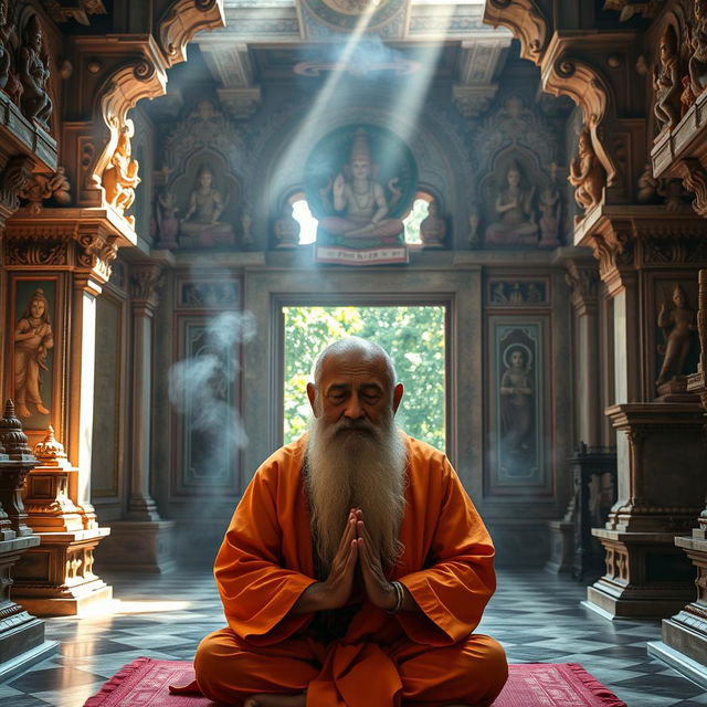 An ancient rishi praying in a beautifully ornate temple, adorned with intricate carvings and sculptures depicting Hindu mythology