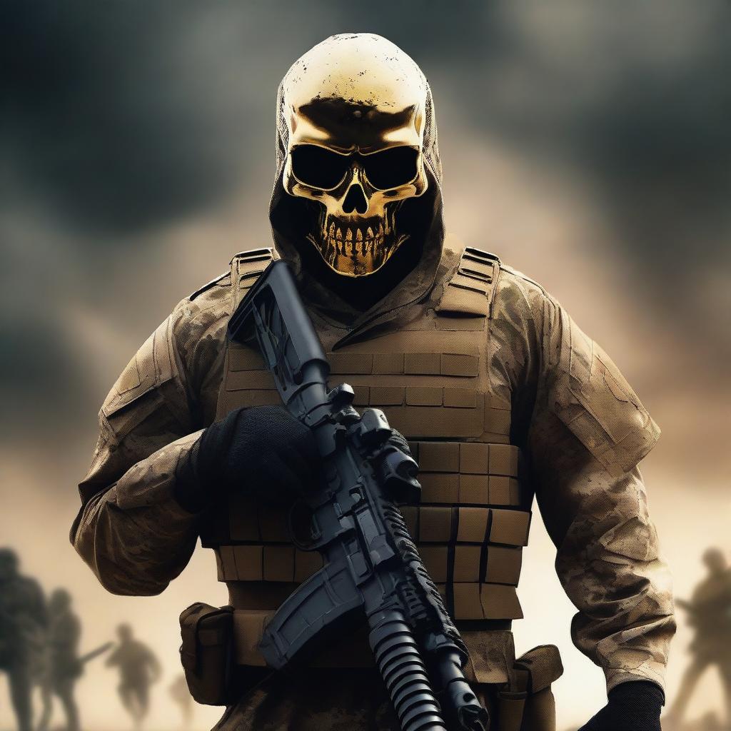 Generate an image of a formidable soldier donning a mysteriously intimidating golden skull mask