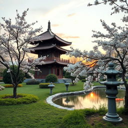 A serene landscape featuring a traditional oriental garden with lush greenery, delicate cherry blossom trees in full bloom, and a tranquil koi pond