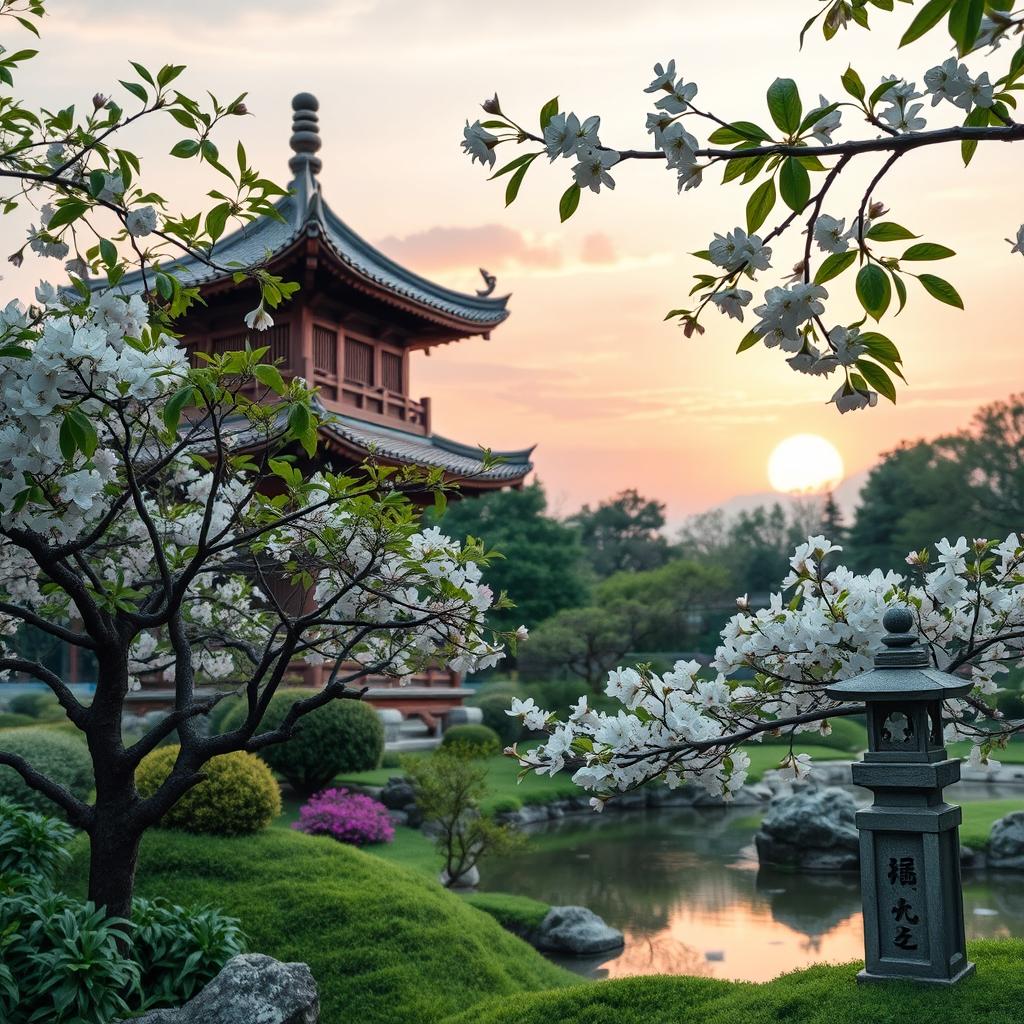 A serene landscape featuring a traditional oriental garden with lush greenery, delicate cherry blossom trees in full bloom, and a tranquil koi pond