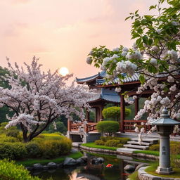 A serene landscape featuring a traditional oriental garden with lush greenery, delicate cherry blossom trees in full bloom, and a tranquil koi pond