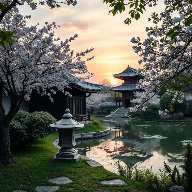 A serene landscape featuring a traditional oriental garden with lush greenery, delicate cherry blossom trees in full bloom, and a tranquil koi pond