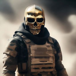 Generate an image of a formidable soldier donning a mysteriously intimidating golden skull mask