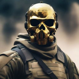 Generate an image of a formidable soldier donning a mysteriously intimidating golden skull mask