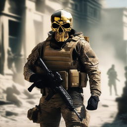 Generate an image of a formidable soldier donning a mysteriously intimidating golden skull mask