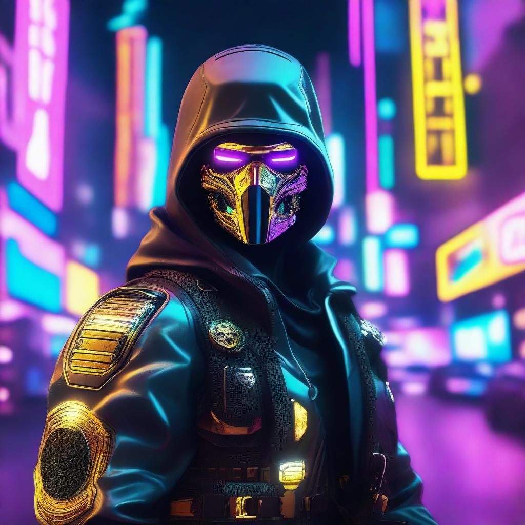 Generate an image of a soldier in a futuristic Cyberpunk world, his face covered by a sinister gold skull mask