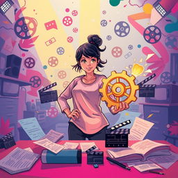 A vibrant and dynamic illustration of a young female director fiercely pursuing her goal of creating a revenge-themed movie