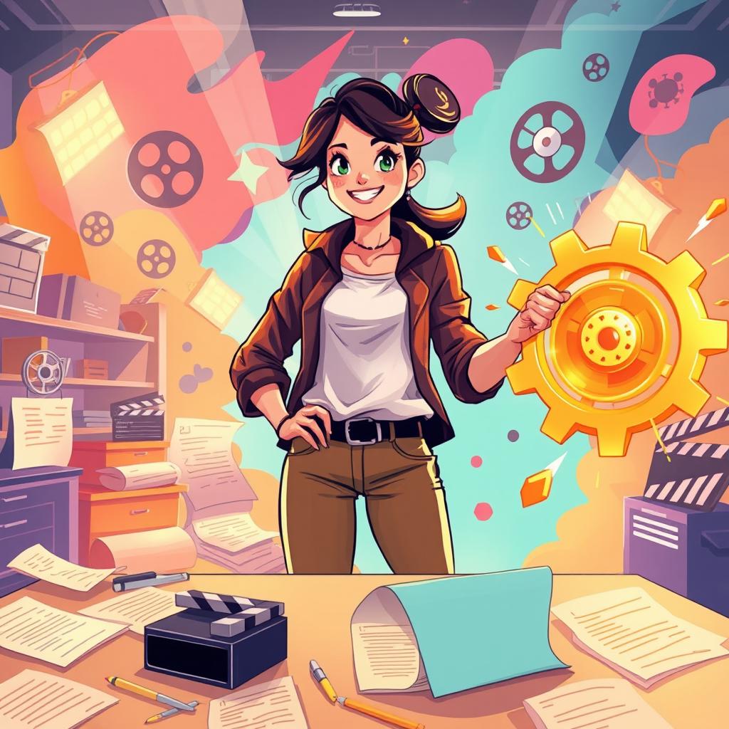 A vibrant and dynamic illustration of a young female director fiercely pursuing her goal of creating a revenge-themed movie