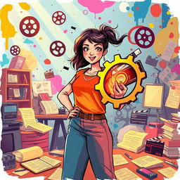A vibrant and dynamic illustration of a young female director fiercely pursuing her goal of creating a revenge-themed movie
