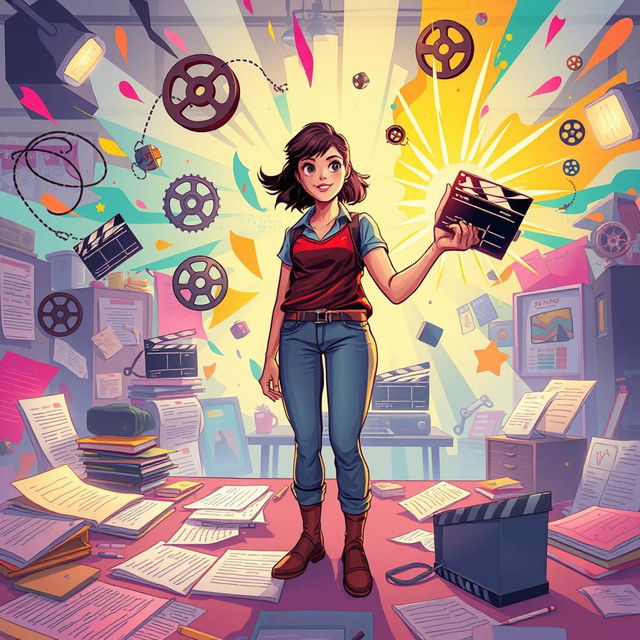 A vibrant and dynamic illustration of a young female director fiercely pursuing her goal of creating a revenge-themed movie