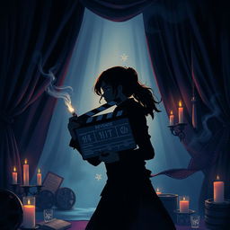 An atmospheric and darkly enchanting illustration of a determined young female director, reminiscent of a character from a magical world like Harry Potter, as she embarks on creating a revenge-themed film