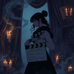 An atmospheric and darkly enchanting illustration of a determined young female director, reminiscent of a character from a magical world like Harry Potter, as she embarks on creating a revenge-themed film