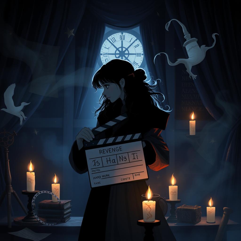 An atmospheric and darkly enchanting illustration of a determined young female director, reminiscent of a character from a magical world like Harry Potter, as she embarks on creating a revenge-themed film