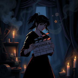 An atmospheric and darkly enchanting illustration of a determined young female director, reminiscent of a character from a magical world like Harry Potter, as she embarks on creating a revenge-themed film