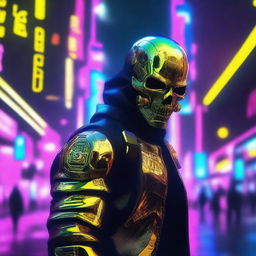 Generate an image of a soldier in a futuristic Cyberpunk world, his face covered by a sinister gold skull mask