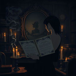 A dark academia-inspired illustration of a determined young female director deeply engrossed in her work on a revenge-themed film
