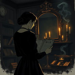 A dark academia-inspired illustration of a determined young female director deeply engrossed in her work on a revenge-themed film