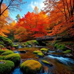 A serene and breathtaking nature scene featuring a vibrant forest during autumn, with trees adorned in shades of orange, red, and gold