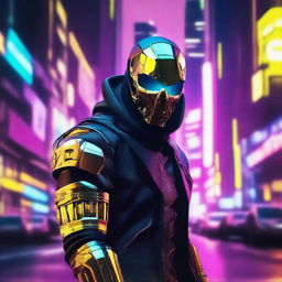 Generate an image of a soldier in a futuristic Cyberpunk world, his face covered by a sinister gold skull mask