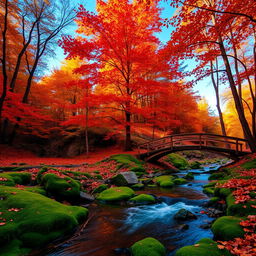 A serene and breathtaking nature scene featuring a vibrant forest during autumn, with trees adorned in shades of orange, red, and gold